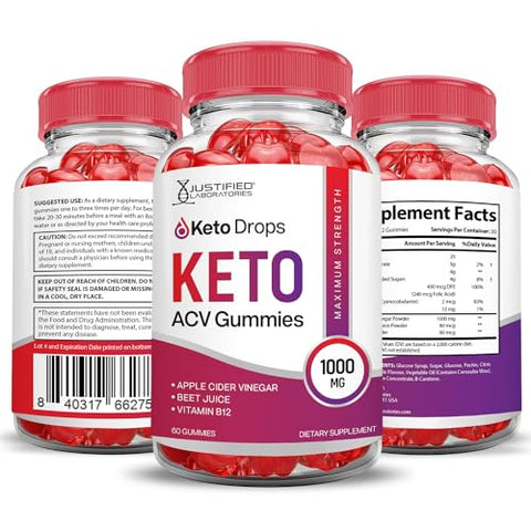 Justified Laboratories - (3 Pack) Gomas Keto Drops ACV Keto Avançado 1000MG Fórmula Avançada Gomas Keto Drops Keto Vinagre de Maçã Formulado com Romã e Beterraba em Pó B12 Vegano Não GMO 180 Gomas
