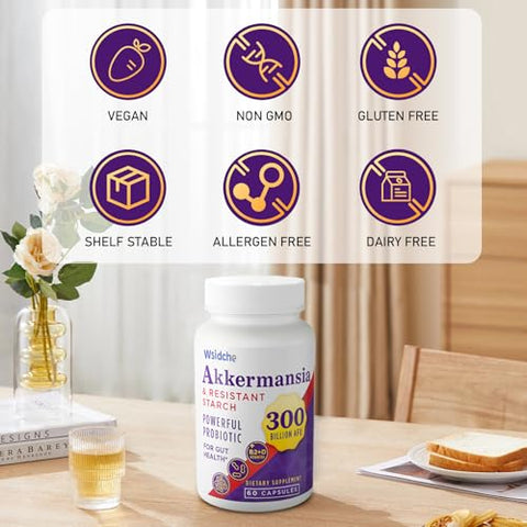 Wsidche - 300 Bilhões de Probióticos Akkermansia AFU | Probiótico GLP-1 para Mulheres | 100% Natural e Eficaz