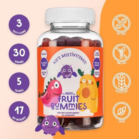 Kids Vitamin Gummies – Vitaminas Infantis A, C, D, E, B6, B12, Zinco – Sem OGM, Sem Glúten, Sem Gelatina – Vegano – 3 Sabores de Frutas – 30 Dias de Fornecimento - NAKED