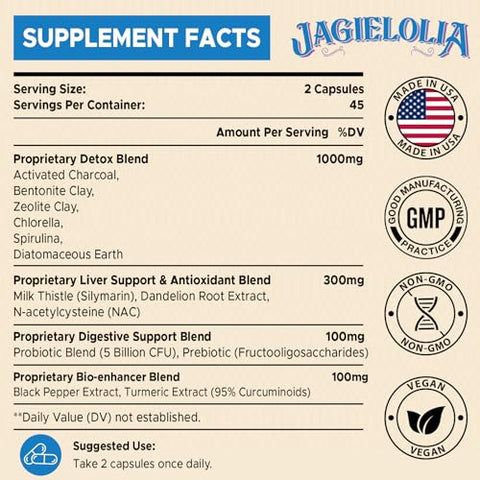 Jagielolia - All-In-One Detox Binder 1500 MG – Alta Bioacessibilidade, Limpeza do Fígado e Intestino com Carvão Ativado e Zeólita