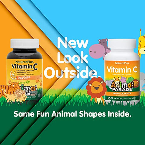 Natures Plus - NaturesPlus Animal Parade Vitamina C Infantil Mastigável – Sabor Natural de Suco de Laranja – 90 Comprimidos em Formato de Animais, Pacote com 2 – Vegano, Vegetariano, Sem Glúten – 90 Porções no Total