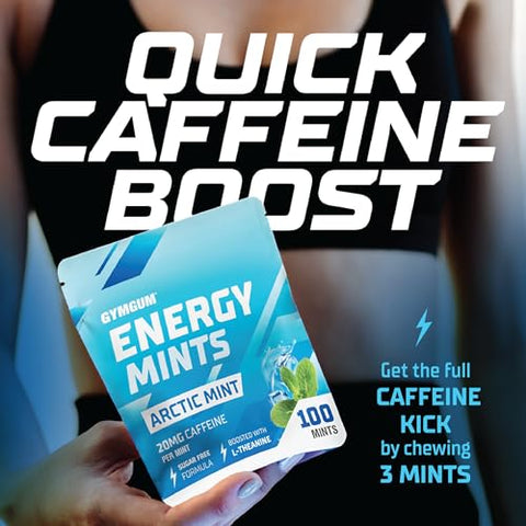 GYMGUM - Energy Caffeine Mints | Menta Energética com Cafeína, L-teanina e Vitaminas do Complexo B | Menta Cafeinada com 60mg de Cafeína por Porção | Deliciosas Mentas Energéticas Sem Açúcar | (Menta Ártica, 100 Unidades)