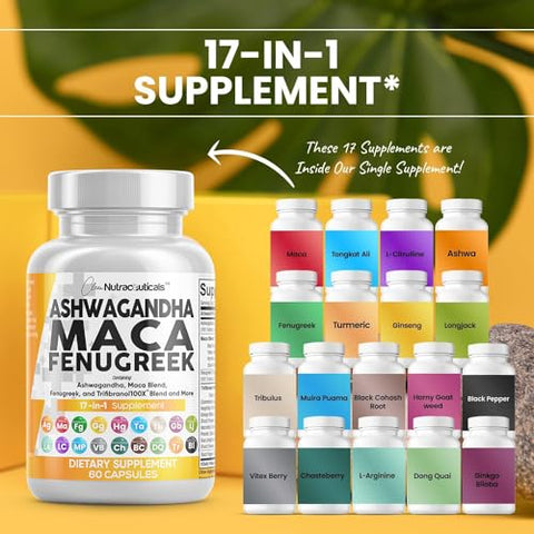 Clean Nutraceuticals - Ashwagandha 5000mg Maca Root 2000mg Fenugreek 3000mg – Tongkat Ali Ginseng – Auxilia no Estresse e Humor – 100% Natural