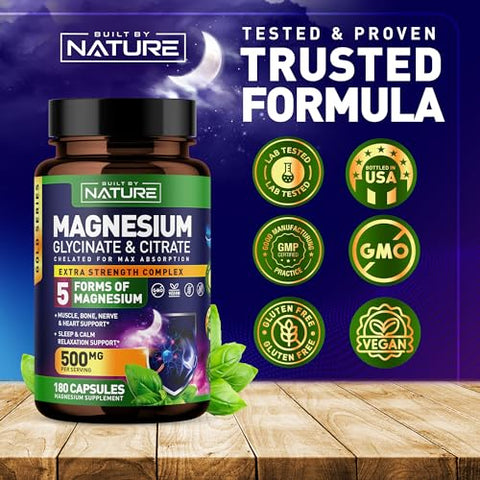 Built by Nature - Complexo de Magnésio 500mg – 5 Formas de Magnésio Glicinato, Citrato, Malato, Óxido