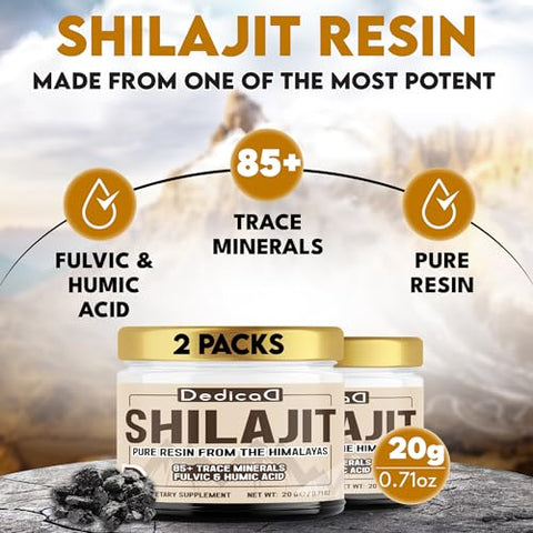DEDICAD - Shilajit Puro do Himalaia Orgânico Resina 2 Pacotes 20g – Autêntico Fulvic e Ácido Húmico Natural