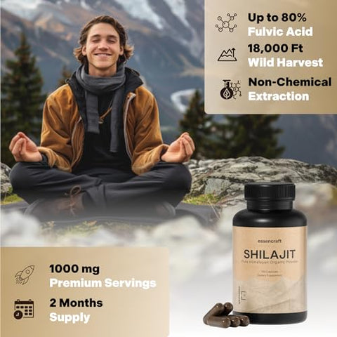 Essencraft - Resina de Shilajit Orgânico Puro do Himalaia – 1000mg Potência Máxima, 85 Minerais Traços, Húmico