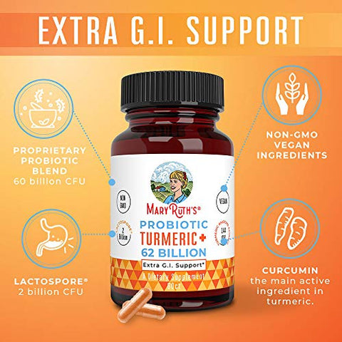 Probiótico Cúrcuma Extra Suporte GI | 62 Bilhões UFC | Ingredientes Orgânicos Complexo de Cúrcuma com Probióticos | Cápsulas de Cúrcuma Curcumina para Digestão | 62g - MaryRuth Organics