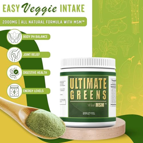 Daily Health - Ultimate Greens com MSM em Pó, Ingredientes Naturais Veganos, Livre de Glúten e Soja, Sem GMO, Bebida Nutricional de Vegetais Superfood Energizante Alcalinizante 227g 1 Pacote (1 Mês de Suprimento)