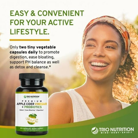 Cápsulas de Vinagre de Maçã com Bilhões de Probióticos de Múltiplas Cepas – Marca em Destaque - TRIO NUTRITION