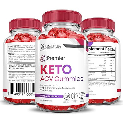 Justified Laboratories - (2 Pacotes) Premier Keto ACV Gummies Avançado 1000MG – Vinagre de Maçã em Gomas Formulado com Suco de Romã e Beterraba em Pó B12 Vegano Não GMO 120 Gomas