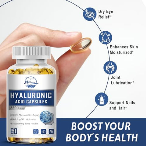 Nature's live - Suplemento de Ácido Hialurônico 850mg, Cápsulas de Ácido Hialurônico Dietético de Alta Bioacessibilidade, Hidratação Dupla para a Pele, Lubrificação das Articulações, 60 Cápsulas (Pacote com 3)