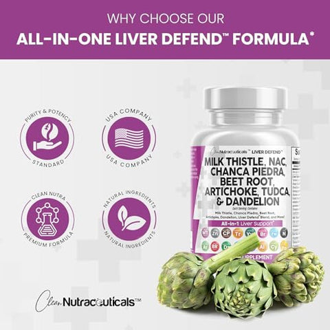 Clean Nutraceuticals - Milk Thistle 3000mg NAC Chanca Piedra 2000mg Beet Root 2000mg Artichoke 2000mg Dandelion Root 1000mg – Limpeza e Desintoxicação do Fígado