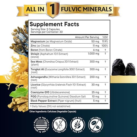 Shilajit 10,000mg com Sea Moss 6000mg, Ashwagandha 6000mg, Tongkat Ali, Boron, Magnésio – Cápsulas de Ácido Fúlvico para Homens – 180 Unidades - NEW AGE