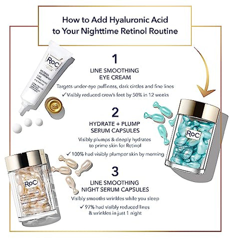 Multi Correxion Cápsulas de Soro Noturno com Ácido Hialurônico (30 CT) para hidratação intensa RoC Cápsulas de Retinol (7 CT), Rotina de Cuidados com a Pele, Tratamento Antienvelhecimento para Rugas - RoC