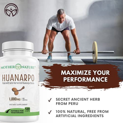 Mother Nature Organics Superfoods for Organic Living - Huanarpo Macho em Cápsulas em Pó – Força Máxima 1000mg (120 Unidades) – Suporte Masculino, Energia