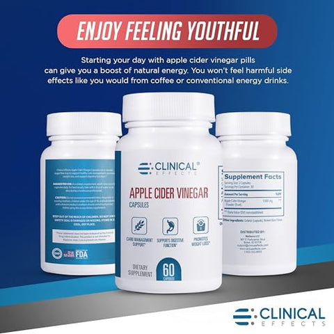 Cápsulas de Vinagre de Maçã – 1300mg de Vinagre de Maçã Puro para Gerenciamento de Peso, Saúde Cardíaca e Suporte Energético – 60 Cápsulas Vegetais de ACV – Fabricado nos EUA - Clinical Effects