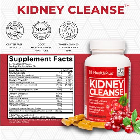 Advanced Kidney Cleanse com Extrato de Cranberry, Raiz de Cúrcuma e CoQ10, Ajuda a Apoiar a Função Saudável dos Rins - Health Plus