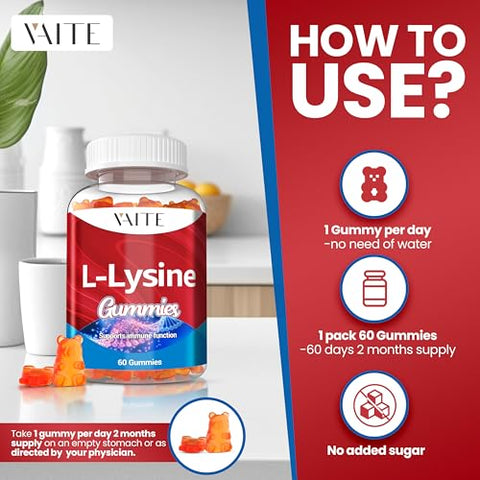 VAITE - L-Lysine 1000mg Gummies – Suporte para Pele, Lábios, Vegano, Sem Glúten, Vitaminas para Saúde dos Tecidos – Marca: [Nome da Marca]