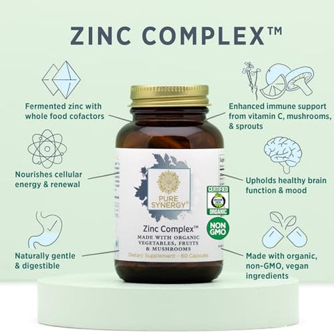 Complexo de Zinco | Suplemento de Suporte Imunológico de Zinco | Complexo de Zinco Natural e Vegano com Vitamina C e Alimentos Integrais Orgânicos | para Saúde Imunológica, Cerebral e da Pele (60 Cápsulas) - PURE SYNERGY