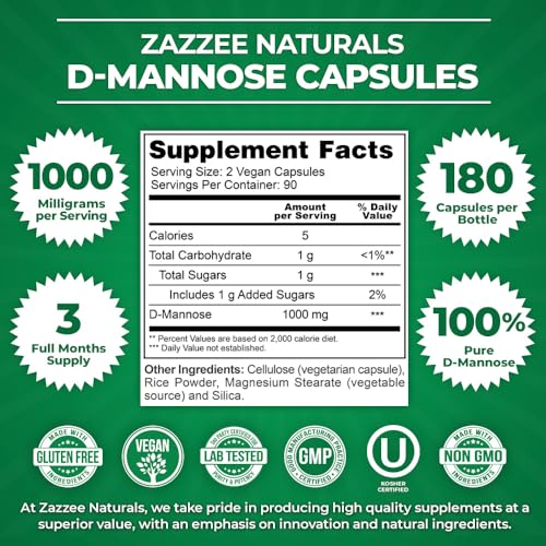 D-Mannose 1000 mg por Porção, 180 Cápsulas Veganas, Suprimento de 3 Meses, Potente - Zazzee