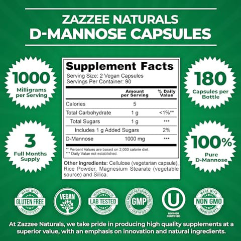D-Mannose 1000 mg por Porção, 180 Cápsulas Veganas, Suprimento de 3 Meses, Potente - Zazzee