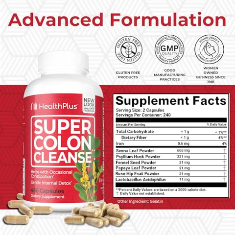 Super Colon Cleanse: 10 Dias de Limpeza – Detox 12 Limpezas, 480 Cápsulas - Health Plus