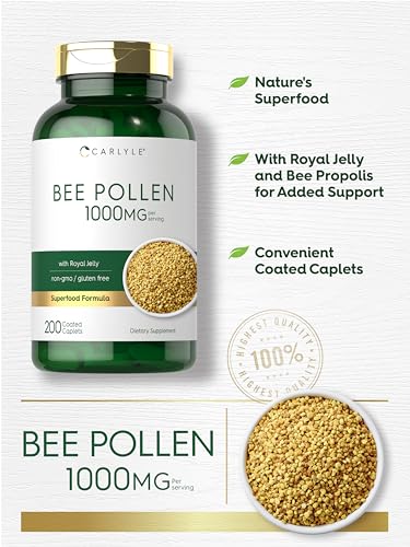 Suplemento de Pólen de Abelha 1000mg | 200 Comprimidos | com Geleia Real e Própolis de Abelha | Vegetariano, Não-OGM, Sem Glúten | Carlyle - Carlyle