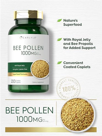 Suplemento de Pólen de Abelha 1000mg | 200 Comprimidos | com Geleia Real e Própolis de Abelha | Vegetariano, Não-OGM, Sem Glúten | Carlyle - Carlyle