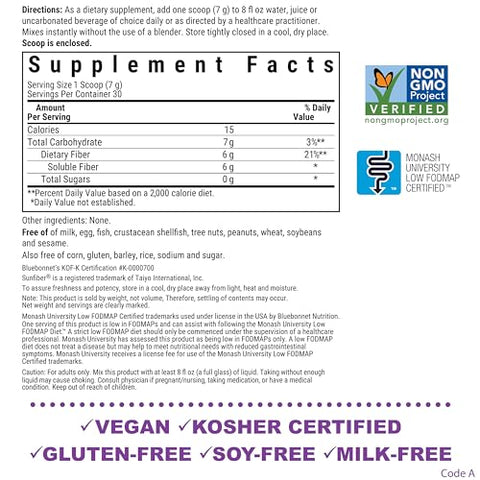 Nutrition Sunfiber – 6g de Fibra Solúvel Prebiótica à Base de Plantas – Apoia a Saúde Digestiva – Dissolução Instantânea – Não-OGM, Vegano, Kosher, Baixo FODMAP – Sem Sabor, 7.4 ml - Bluebonnet