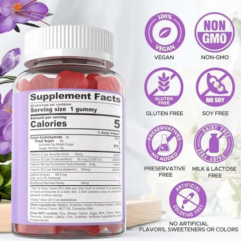 NEVISS - Gummies de Açafrão – Gummies de Suplemento de Açafrão 100% Extrato Puro de Açafrão em Gummies de Ervas Inteiras com Mel para o Humor