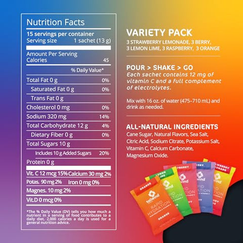 Pack com 15 Sticks de Pó Hidratante Rápido, Mistura de Bebida Eletrolítica, Vegano, Não-OGM, Vitamina C, Variedade de 5 Sabores - Tailwind Nutrition
