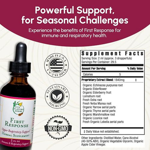 FIVE FLAVORS HERBS - Primeira Resposta Tintura – Alívio de Desconforto Sazonal, Suporte Respiratório Superior, Pulmões Saudáveis, Suporte ao Sistema Imunológico, Sabugueiro, OSHA, Mil-folhas – 60 ml