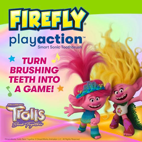 Kit Escova de Dentes Elétrica Inteligente FIREFLY Play Action Trolls, com Luzes, Música e Jogos Interativos, Pilhas Inclusas, Idade 3+