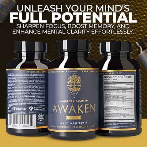 Awakened Alchemy - Awaken Gold | Suplemento Premium Nootrópico | Nutrição Avançada para o Cérebro | Melhore a Memória