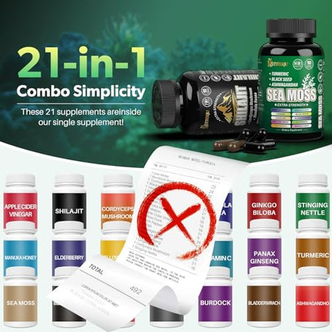 EYHBQIA - Pacote Sea Moss e Shilajit – 90 Unidades – Sea Moss, Óleo de Semente Preta, Ashwagandha, Cúrcuma