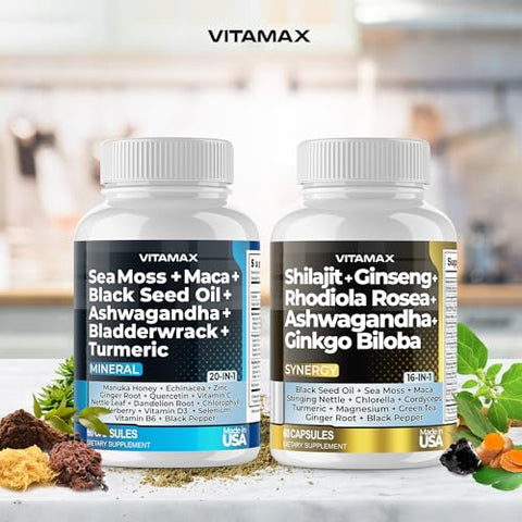 Vitamax - Suplemento Orgânico de Shilajit Puro do Himalaia 10.000mg, Musgo do Mar 2.000mg, Ashwagandha 6.000mg, Alga Marinha 1.000mg, Ginkgo Biloba 500mg – Cápsulas Orgânicas