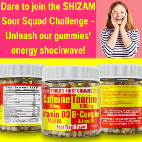 Gomas Energéticas com Taurina 1000mg, Cafeína 150mg, D-3, B-12, Complexo B, Inositol – Vitaminas em Gel, Bebidas, Cápsulas, Shots, Mastigáveis, Pó – Corrida, Corredores - SHIZAM