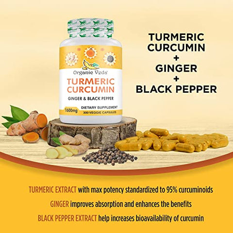 Cápsulas de Cúrcuma e Gengibre Organic Veda 300 Pills – Cúrcuma Orgânica com Pimenta Preta para Suporte Articular – Não Transgênico, Sem Glúten, Suplemento de Cúrcuma e Gengibre (95%%…)