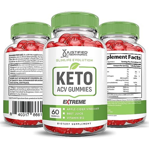 Justified Laboratories - Slimlife Evolution Keto ACV Gummies Extreme 2000MG – Gomas Slim Life Evolution Keto – Gomas Slimlife Keto de Vinagre de Maçã formuladas com Pó de Romã e Beterraba, Vitamina B12 60g