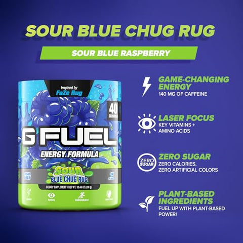Faze Rug – Pó Energético, Sem Açúcar, com Cafeína Limpa, Suplemento para Foco, Mistura para Água, Sabor Framboesa Azul Azeda, com Aminoácidos para Foco, Vitaminas e Antioxidantes – 296 ml (40 g) - G Fuel