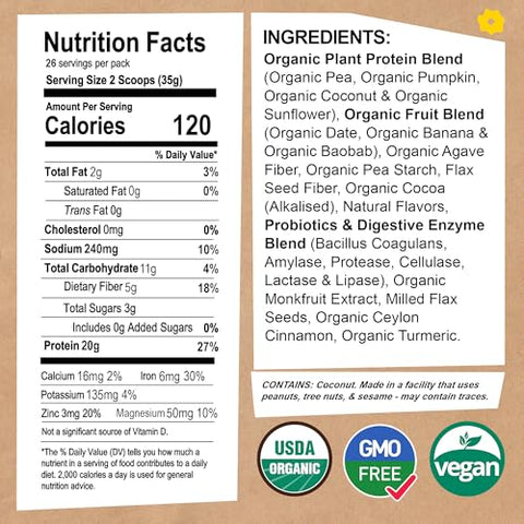 Proteína Vegana Orgânica com Probióticos – Sem OGM, Sem Laticínios, Sem Soro, Proteína à Base de Plantas para Mulheres e Homens – Sem Glúten – 26 Porções 32g (Baunilha) - EarthChimp