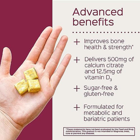 Suplemento de cálcio mastigável Bariatric Advantage Citrato de Cálcio Chewy Bites 500 mg – para pacientes de cirurgia bariátrica – Vitamina D3 – Suplemento de cálcio mastigável sem açúcar – Bariatric Calcium Chews