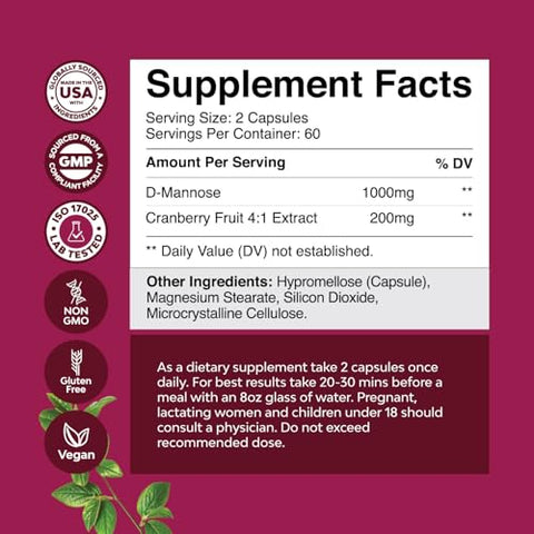 Natures Craft - D-Mannose com Extrato de Cranberry – Cápsulas Potentes para Limpeza Renal e Saúde do Trato Urinário Feminino – Cápsulas de D-Mannose 1000mg com 1000mg por Porção