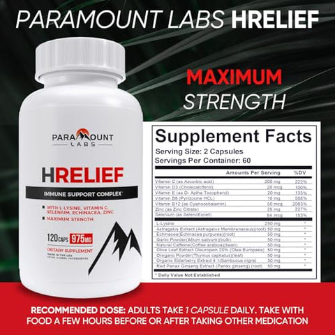 Paramount Labs - Suplemento Premium HRelief – Suporte Avançado à Saúde Imunológica para Adultos – Controle de Surto com Super Comprimidos de Lisina – Lisina, Zinco, VIT C – 120 ct