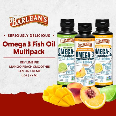 Barlean's - Barlean’s Ômega 3 Óleo de Peixe Líquido Pack de 3, Ácido Graxo EPA e DHA, Sabor de Smoothie para Saúde do Cérebro, Articulações e Coração, Inclui Torta de Limão, Creme de Limão e