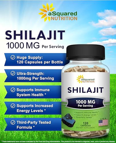 Shilajit 1000mg – 120 Cápsulas – Extrato Puro de Shilajit em Cápsulas e Pó – Humic Natural – 120 Cápsulas - aSquared Nutrition