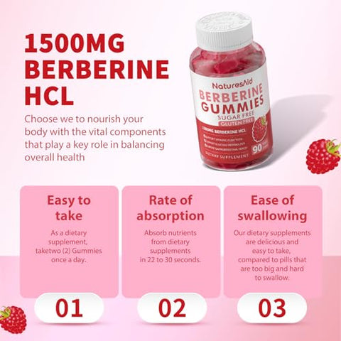 Natures Aid - Berberine Gummies com Canela do Ceilão 1500mg Alta Potência Suplemento de Berberina HCL para Suporte Imunológico e Metabolismo, Gummies de Berberina Orgânicos Sem Açúcar Sabor Framboesa