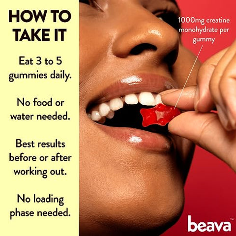 beava - Gummies de Creatina Monohidratada – 30 Porções – Mastigáveis Veganos de Creatina para Crescimento Muscular, Recuperação Muscular, Recuperação de Treino, Resistência Anaeróbica – Sem Fase de Carregamento – Sem Inchaço – Marca do Produto