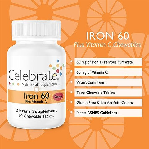Celebrate Bariatric Supplements - Celebrate Vitamins Iron com Vitamina C Mastigáveis, 60 mg Ferro, Sabor de Frutas Vermelhas, Vitaminas Bariátricas para Pacientes de Cirurgia de Redução de Estômago, Contém 30 Unidades, 1g