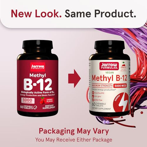 Methyl B-12 5000 mcg – Suplemento para Energia Celular e Saúde Cerebral – 60 Tabletes Mastigáveis Sabor Cereja – 60 Dias - Jarrow Formulas